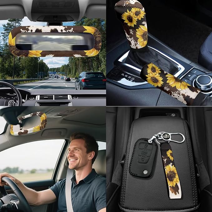 Sunflower Print Car Seat Covers Full Sets 18 Pcs Sunflower Cow Print Car Accessories Set with Steering Wheel Cover Auto Trash Can Car Headrest Covers Belt Pads Cover Armrest Pad,Universal Fit