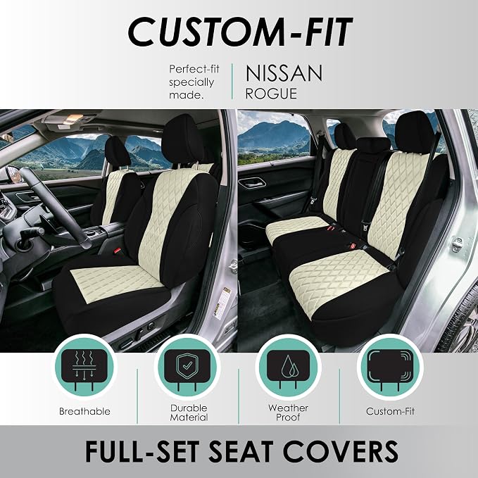 FH Group Custom-Fit Car Seat Covers Specifically Made for 2021-2026 Nissan Rogue, Full Set Beige Ultraflex Neoprene Waterproof Automotive Seat Cover