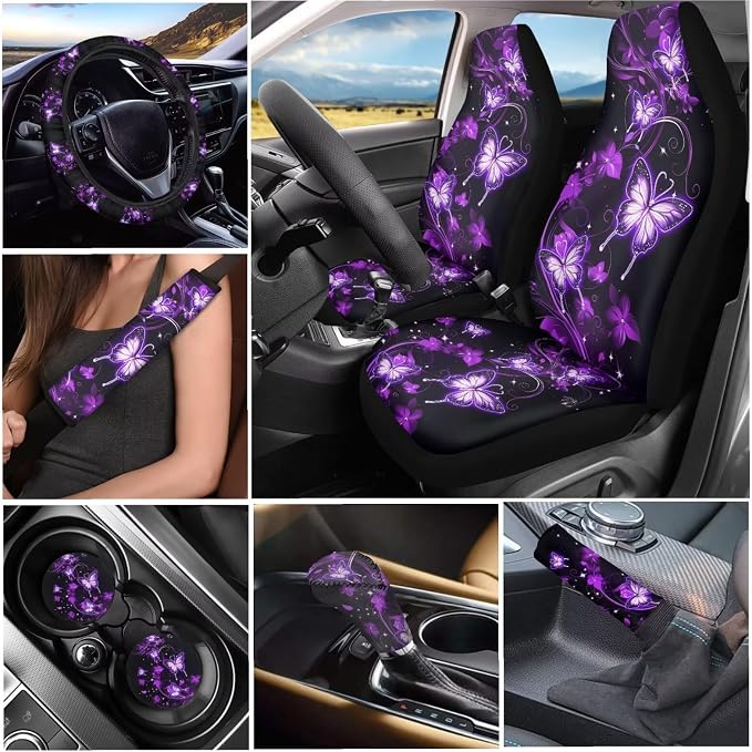 Tupalatus Purple Butterflies Car Seat Covers Full Set of 9 Steering Wheel Cover Seat Belt Pads Cover Cup Holder Coasters Gear Shift Hoodie Handbrake Cover for Cars Trucks and SUVs