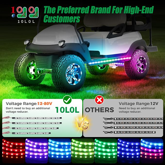 10L0L Golf Cart Underglow LED Light Strip Kit,Neon Underbody Lights,24 Modes,Wireless Remote,Sound-Active,Water-Resistant,and 4 Flexible Tubes Included