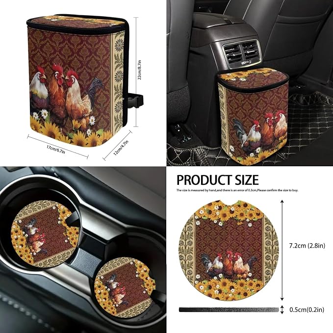 Suobstales Rooster Chicken Sunflower Print 13 Pieces Car Accessories, Includes Seat Covers, Steering Wheel Cover, Coasters, Trash Can, Seat Belt Pads, Rearview Mirror Cover, Keychains for SUV Truck