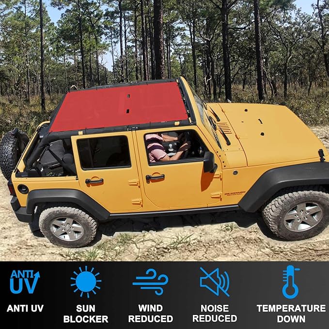 JK Sun Shade Top Compatible with Jeep Wrangler 4 Door 2007 to 2018 Sunshade Sunroof Bikini Cover Blocks UV Wind Noise Cherry Red Mesh for Full Length