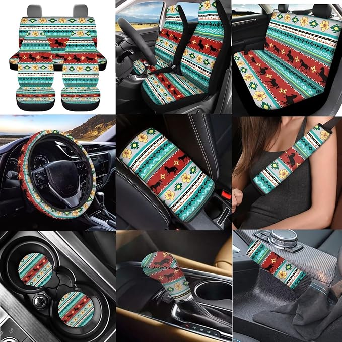 Dreaweet Aztec Tribal Horse Car Seat Covers Full Set 12 Pcs,Universal Car Seat Cover with Steering Wheel Cover,Seat Belt Pads,Armrest Cover,Cup Holder Coasters,Handbrake Cover,Gear Shift Knob Cover