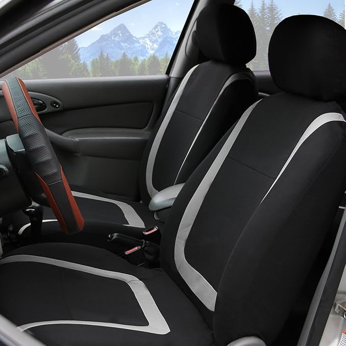 FH Group Automotive Seat Covers Unique Flat Cloth Gray Full Set, Combo Steering Wheel Cover and Seat Belt Pads Rear Solid Bench Universal Fit for Vans Cars Trucks and SUV Interior Accessories