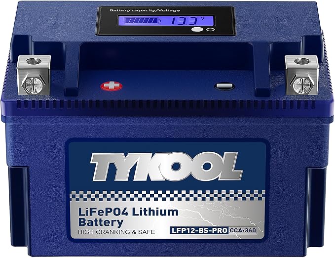 TYKOOL LFP12-BS-PRO, 360CCA, 6Ah, LiFePO4 Lithium Motorcycle Battery,Replaces YTX12-BS, Digital Readout,Fits for Honda TRX250 Recon,Suzuki LT-F250 Ozark,BRP (CAN-AM) DS250 ATV,Polaris RZR UTV