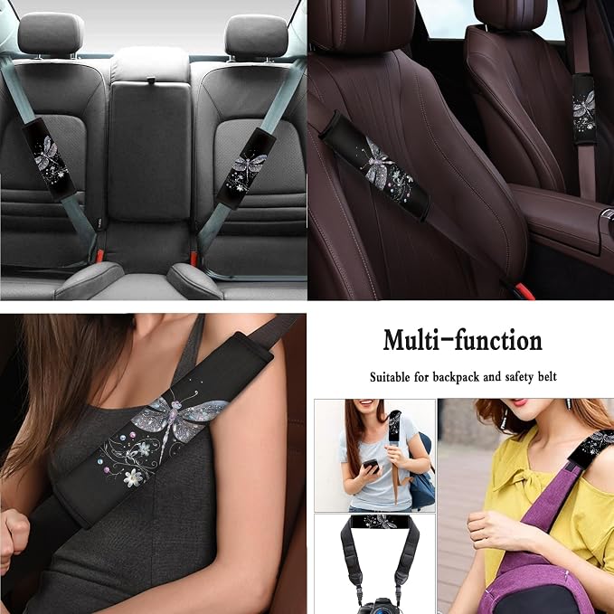 9 Piece Dragonfly Print Seat Covers for Women Set, Breathable Stretchy Auto Car Seat Cover with Steering Wheel Cover Safety Belt Pads Universal Fit for Cars Trucks SUV, Black