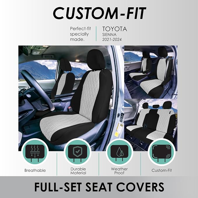 FH Group Custom Fit Car Seat Covers Specifically Made for Toyota Sienna 2021-2024, Gray Ultraflex Neoprene Full Set Automotive Seat Covers, 7 Seater SUV Seat Covers, Toyota Accessories