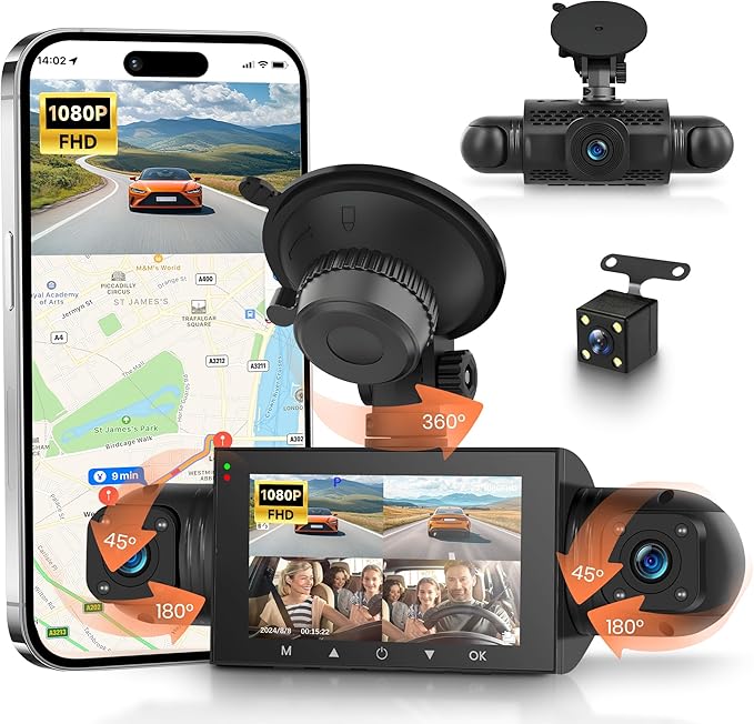 Rimoody 4-Channel 360° Dash Cam, 1080P Full HD Car DVR with Front/Rear/Inside/Side Cameras, WiFi App Control, Night Vision, G-Sensor, Loop Recording, 24H Parking Monitor, 3 Inch Display