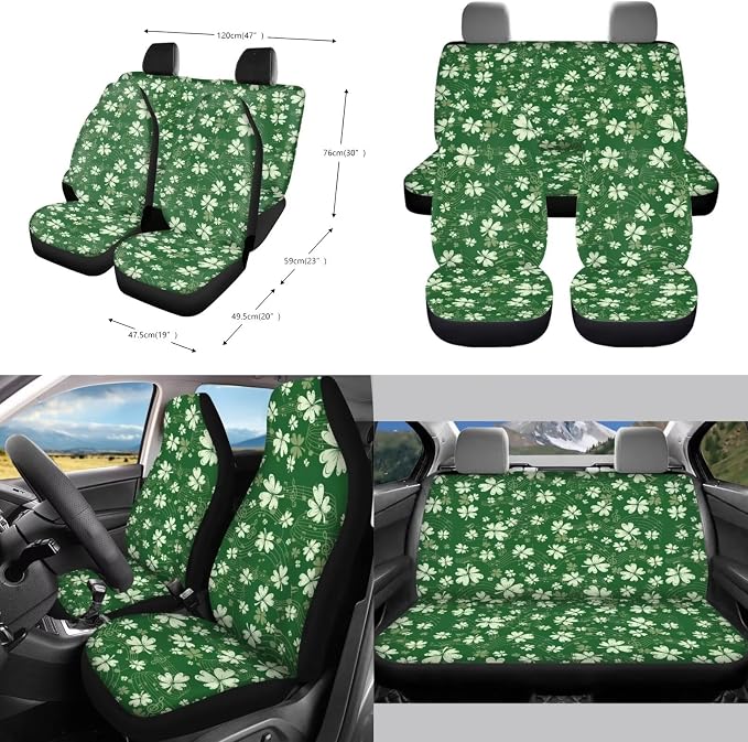 Shamrock Music Note Pattern 10 Pcs Car Seat Covers Full Sets Anti-Slip Steering Wheel Cover and Car Trash Bin with Car Air Vent Storage Cup Holders Lanyard Keychain for Automobile Interior