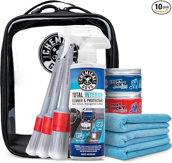 Chemical Guys Interior Cleaning Kit with Storage Bag Total Interior Cleaner Microfiber Towels Detailing Brushes and Sticky Gel Giftable Car Care Set - 10 Items