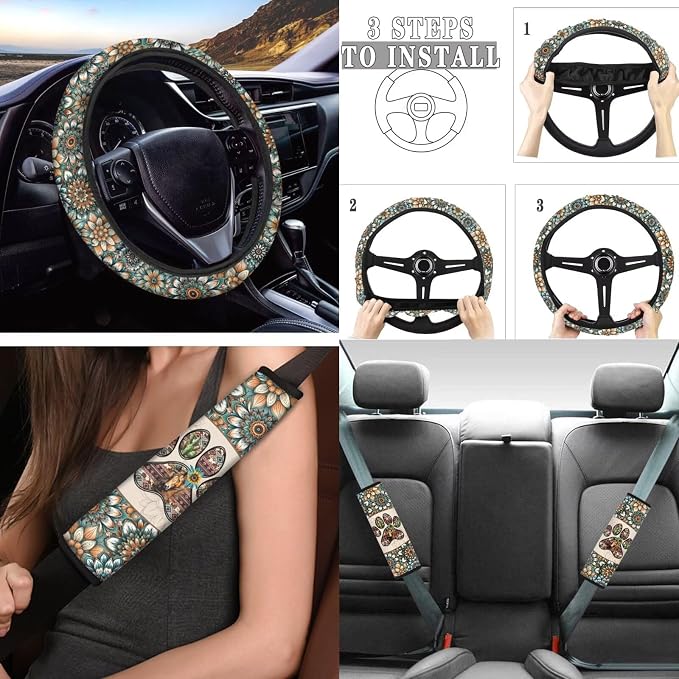 Tupalatus Fashion Car Seat Covers Front Set of 9 with Steering Wheel Cover Auto Seat Belt Cover Coasters Gear Shift Cover Hand Brake Cover Automotive Interior for Men Women Paw Print Flower