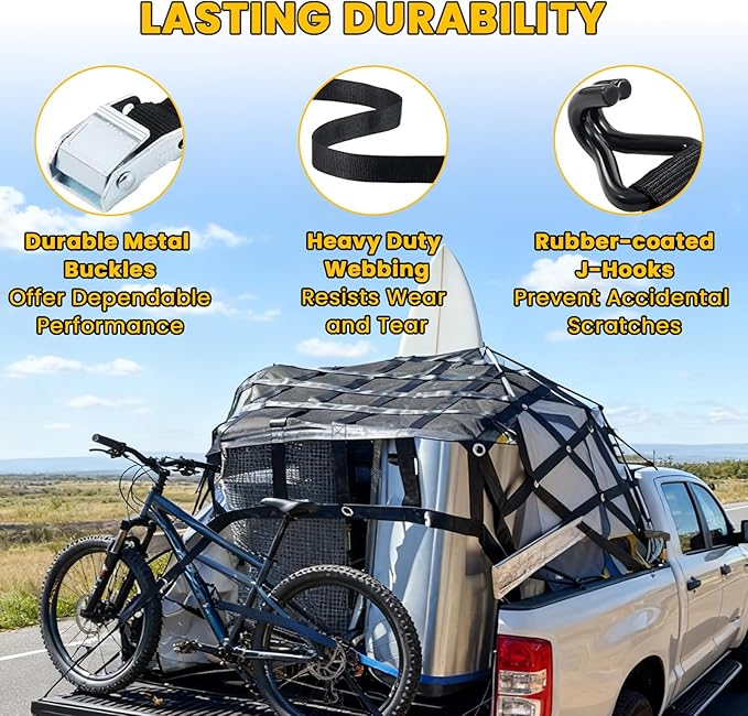Cargo Net for Pickup Truck Bed, 4.8' x 6' Truck Bed Net, Heavy Duty Pickup Cargo Nets Safety Mesh Net with Cam Buckles & S-Hooks & Cross Straps