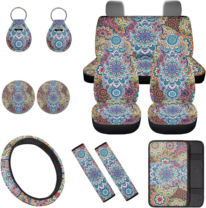 Art Mandala Car Seat Covers Set 12 Pack with Steering Wheel Cover Auto Seat Belt Cover Cup Coasters Center Console Cover Car Accessories Universal Fit for Most Cars,SUVs