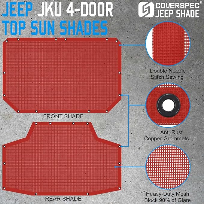 JK Sun Shade Top Compatible with Jeep Wrangler 4 Door 2007 to 2018 Sunshade Sunroof Bikini Cover Blocks UV Wind Noise Cherry Red Mesh for Front and Rear 2 pcs
