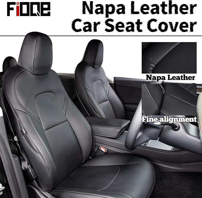 Nappa Leather Car Seat Covers Fit for Tesla Model Y 2017 2018 2019 2020 2021 2022 2023 2024, Soft and Comfortable, Easy to Clean.Reserved Seat Belt Hole-Black
