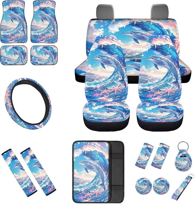 Spray Dolphin Car Interior Accessories Set of 18, Car Seat Covers Full Set with Steering Wheel Cover Floor Mats Armrest Pad Seat Belt Pads Roof Handle Wraps Cup Coaster Keychain