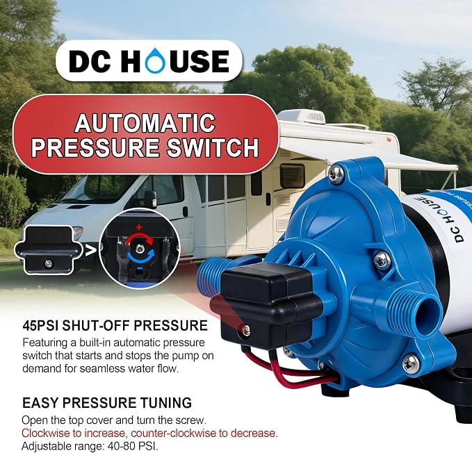 DC HOUSE 33 Series 12V RV Water Pump 3.5GPM 45PSI, 3-Chamber Diaphragm Pump with Built-in Pressure Switch, Quiet Self-Priming Demand Pump for Camper, Boat, Cabin, Off-Grid System