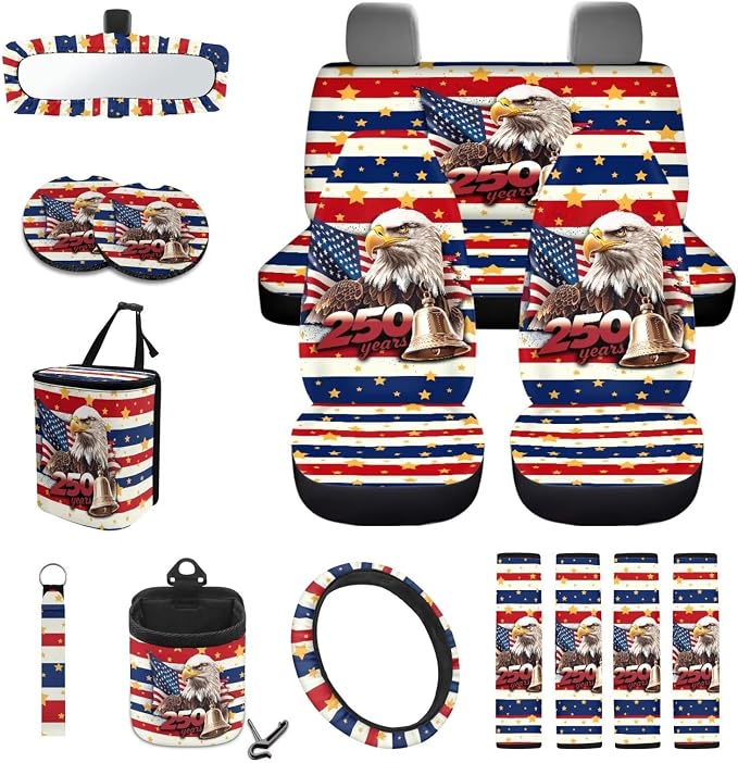 Wanyint Car Seat Cover Covers with Steering Wheel Seat Belt Rearview Mirror Accessories Trash Bag Cup Holder Keychain US 250th Anniversary Auto Decoration, 15 Pack, American Flag Eagle Star Stripe