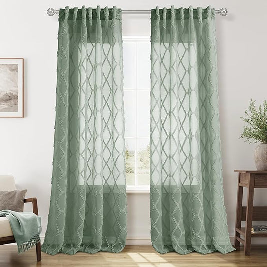 Extra Long Desert Sage Sheer Curtains 120 Inch Length for Living Room 2 Panels Back Tab Black Boho Farmhouse Drapes Light Filtering Embroiderd Textured High Ceiling Sliding Glass Door Curtain 52x120