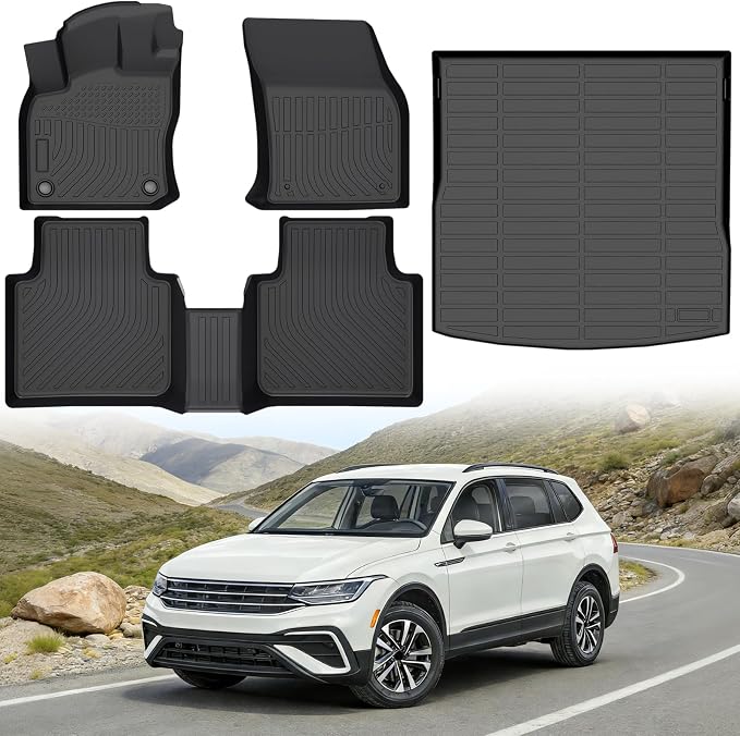 Floor Mats for Volkswagen VW Tiguan 5 Seats 2018-2024 (Not for 7-Seat), Custom Fit Heavy Duty TPE All Weather Protection, Waterproof Non-Slip Black Car Liners (Two-Row Floor Mats & Cargo Liner)