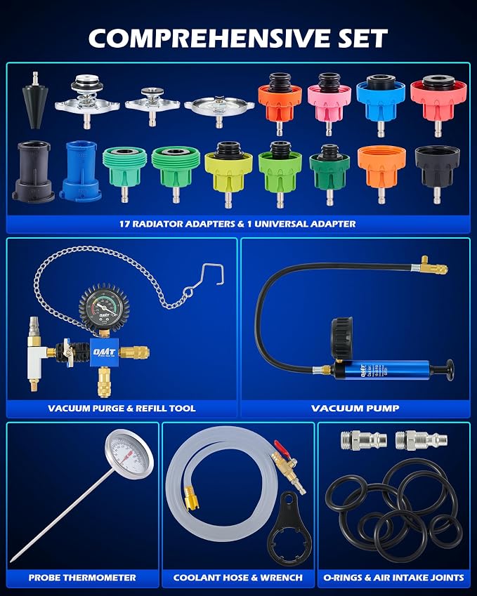 Orion Motor Tech Coolant Pressure Tester Kit, 26pc Coolant Vacuum Refill Kit with 18 Radiator Adapters, Radiator Cooling System Pressure Tester & Filler Kit with Vacuum Pump Vacuum Purge & Refill Tool