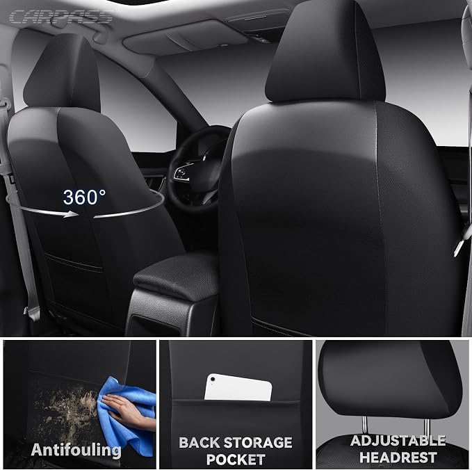 CAR PASS Nappa Leather Seat Covers for Toyota RAV4 Camry Corolla, Black | 2 Front Seats, Custom Fit for RAV4 2019-2025, Camry 2018-2024, Corolla 2020-2025, 3D Foam Faux Leather, Lumbar Support