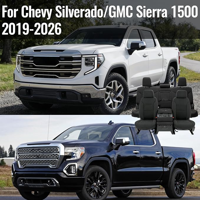 Front & Rear Seat Covers for Chevy Silverado & GMC Sierra 1500 Crew Cab 2019 2020 2021 2022 2023 2024 2025 2026 Full Set with Headrest and Rear Cup Holder Foam Padded - Black