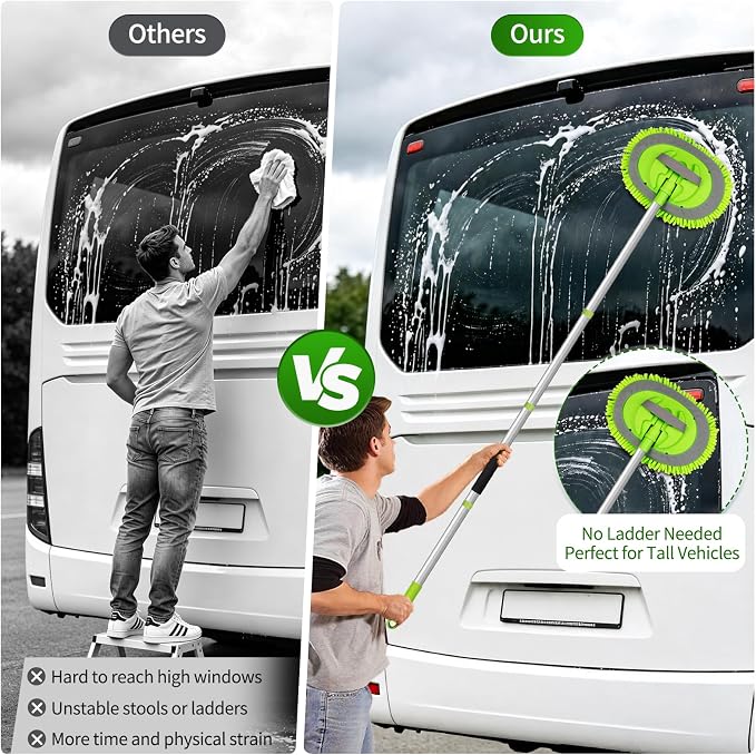 Car Wash Brush with Long Handle - 62" Car Wash Kit with Chenille Microfiber Cleaning Brush, Car Washing Mop with 3 Replacement Mitts, Scratch-Free Scrub Washer Wand for Vehicles, RV, Truck Green