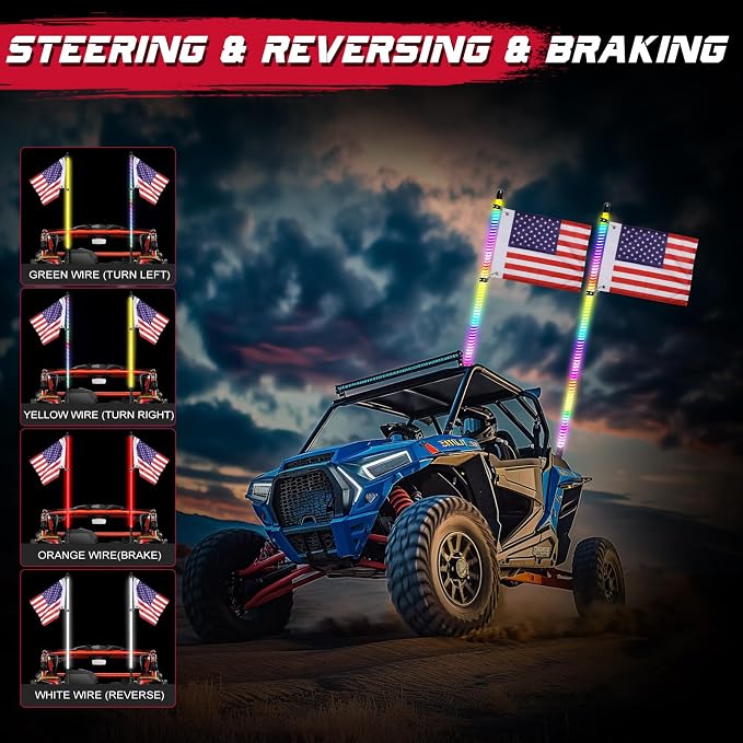 OFFROADTOWN 2PCS 4FT COB LED Whip Lights Bluetooth APP Remote Control RGB Lighted Whips Turn Signal Light Chasing Warning Light Antenna Spiral LED Whips for UTV SXS Polaris RZR Can-Am ATV Truck