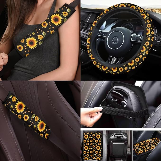 Sunflower Car Seat Covers Full Set of 17 Pcs Hippie Sunflower Car Accessories Set with Front and Split Rear Bench Car Mats Full Set Car Seat Belt Cover Steering Wheel Covers,Universal Fit