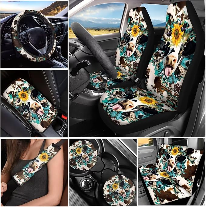 Funny Cow 13 Pcs Car Seat Covers with Steering Wheel Cover,Seat Belt Covers Cup Holder with Keychain Novelty Automotive Protector Set Universal Fit Automotive Most Cars