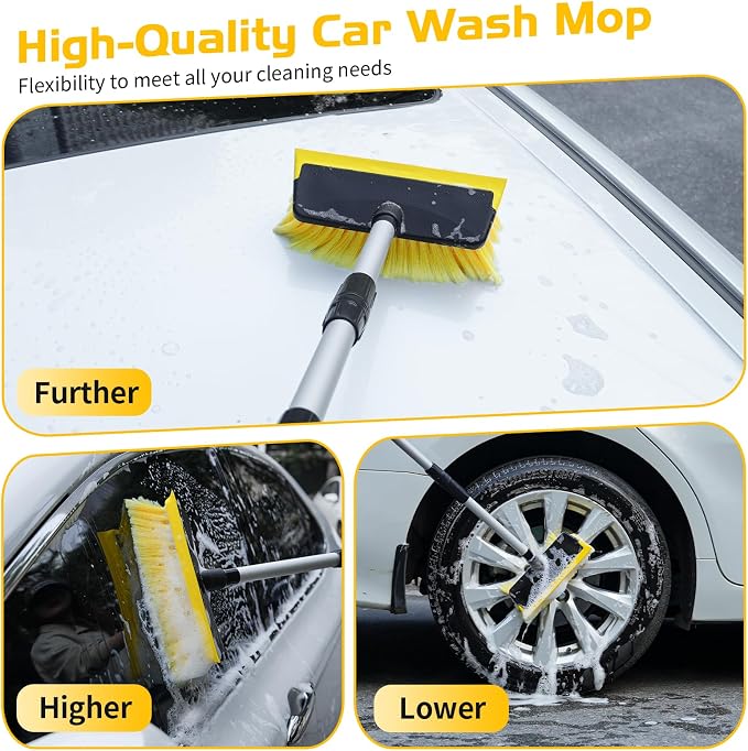 Ordenado 56" Car Wash Brush with Long Handle - Car Cleaning Brush with Soft Bristle & Squeegee, Scratch-Free Car Cleaning Mop Kit for Washing Exterior & Snow, Universal for RV Boat Truck SUV Yellow