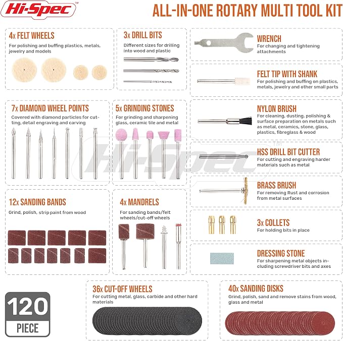 Hi-Spec 17 Piece Metal Hand & Needle File Tool Kit Set and Rotary Tool Kit Set 170W 1.4A with 121 Piece Dremel Compatible Bit Accessories