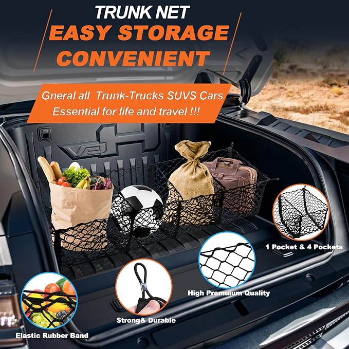 Grocery Net for Truck Bed – Heavy Duty 4-Pocket Cargo Net for Pickup Truck, Elastic Stretchable Truck Bed Storage Net Prevents Groceries from Sliding, Universal Fit for SUV F-150 Tacoma Silverado RAM