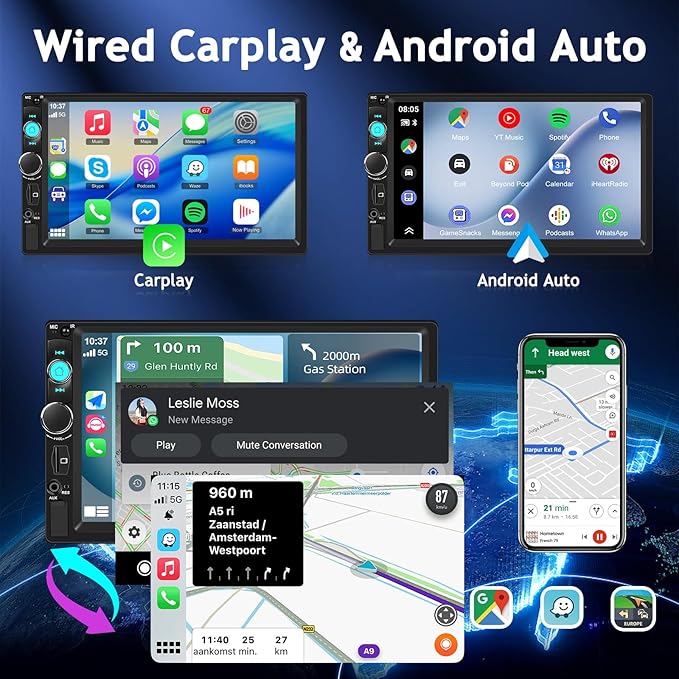 NHOPEEW 7 inch Double Din Car Stereo with Backup Camera, 2 Din Touch Screen Radio with Carplay & Android Auto, Bluetooth 5.0, Share Same Video, Calendar Viewing, Mirror Link, SWC + Rear View Camera
