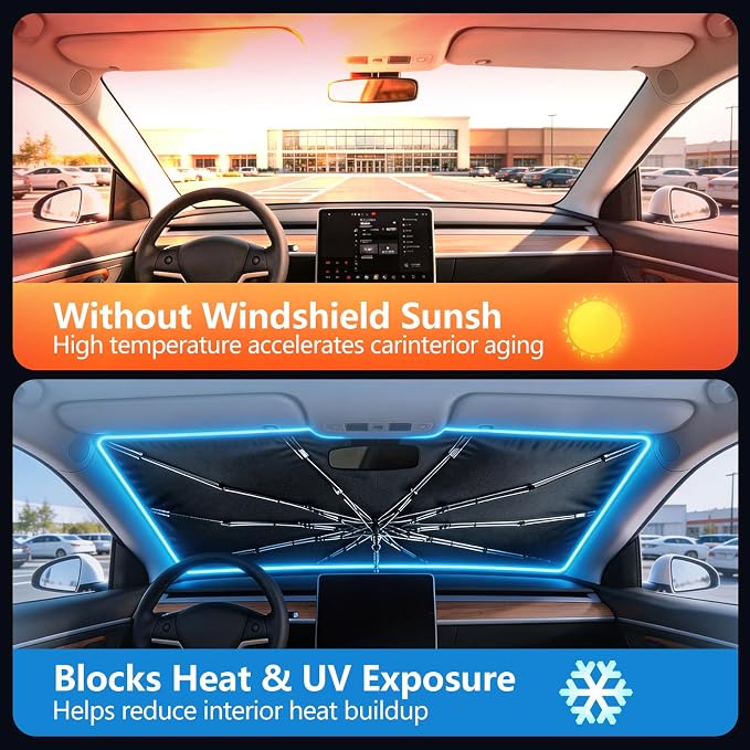 Foldable Car Umbrella Cover for Front Window - Car Windshield Sun Shade Heat & UV Protection, Easy Open Keep Cool and Protect Interior for Auto Sedan SUV (56" L x 31" W)