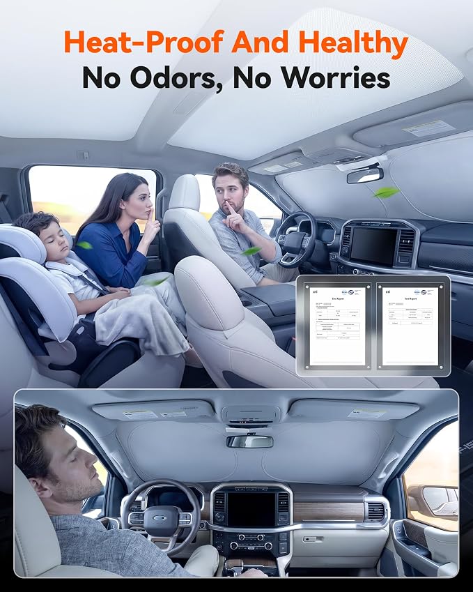 WOLFBOX Foldable Car Windshield Sun Shade, Maximum UV & Heat Shield Front Window Sunshade Visor Protector Universal Fit for SUVs Trucks Sedans (Silver 69''x35'')