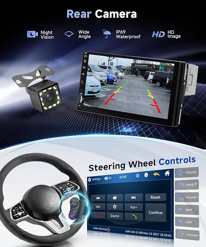 Single Din Car Radio with Bluetooth iOS/Android Mirror Link, 7 Inch Touch Screen Car Stereo 1 Din with Backup Camera Bluetooth Hands-Free FM Radio USB EQ AUX TF Steering Wheel Control