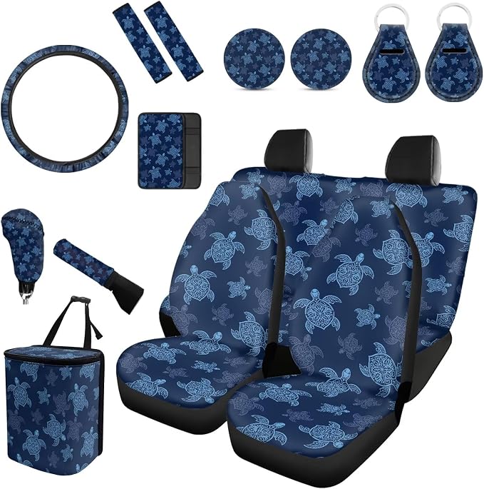 Forchrinse Blue Sea Turtle Car Seat Covers - 15Pc Auto Interior Set with Steering Wheel, Armrest, Seatbelt Pads, Car Garbage Can, Coaster, Handbrake Gearshift Covers - Fit for SUVs & Trucks