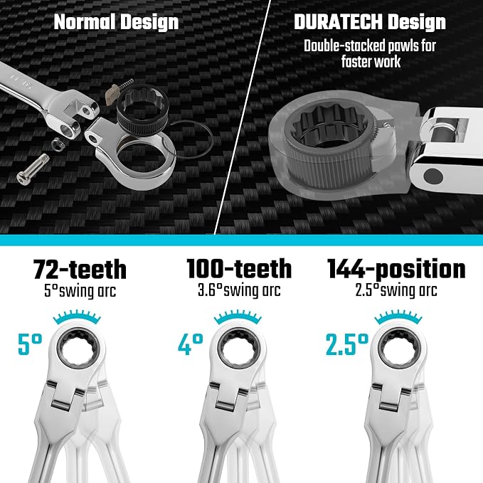 DURATECH Extra Long Flex Head Ratchet Wrench&19-Piece 3/8" Drive Stubby Impact Socket Set