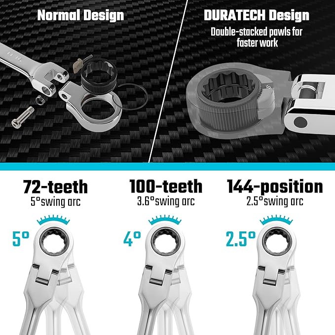 DURATECH Extra Long Flex Head Ratchet Wrench&14-Piece 3/8" Drive Stubby Impact Socket Set
