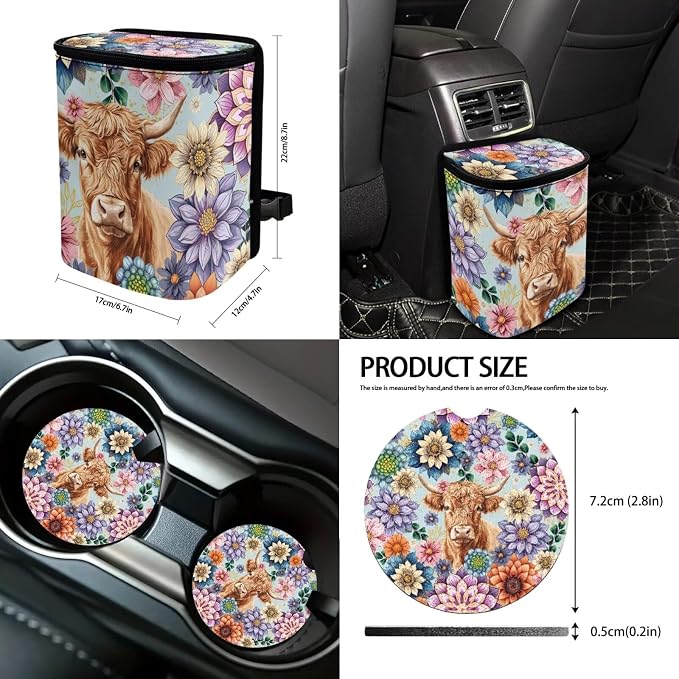 Suobstales Boho Mandala Highland Cattle Print Car Seat Covers Set of 13 with Universal Steering Wheel Cover, Rearview Mirror Cover, Car Trash Can, Seatbelt Pads, Cup Holder Coasters, Keychains