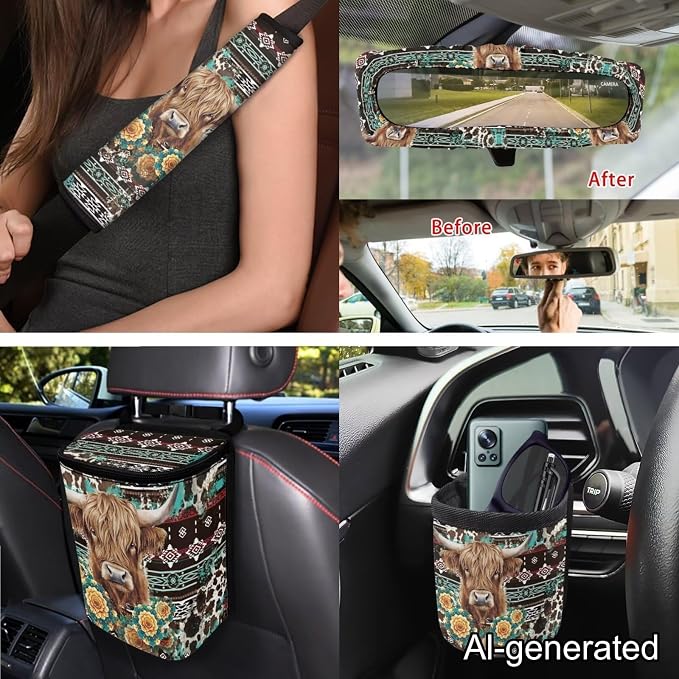 Dreaweet Aztec Highland Cow Car Accessories 15 Pcs Car Seat Covers Full Set with Steering Wheel Cover Seat Belt Pads Trash Can Rear View Mirror Cover Coasters Keychain Air Vent Storage Bag