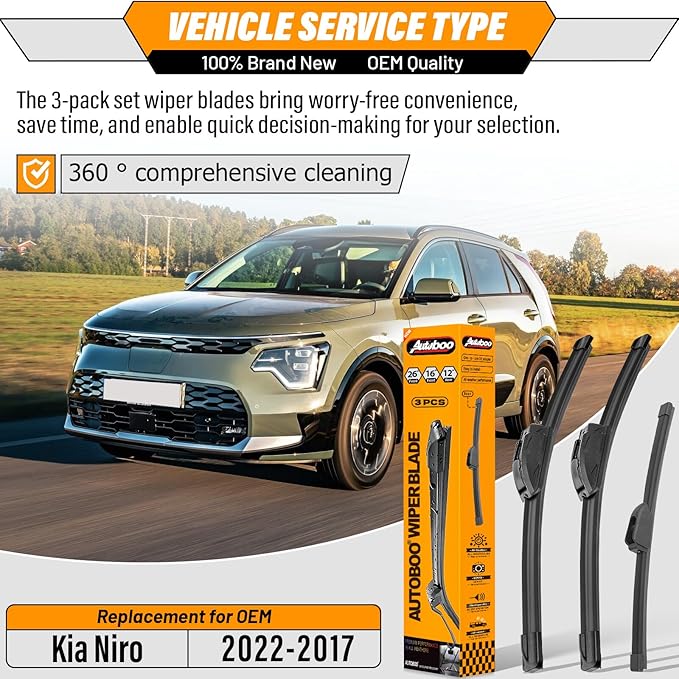 AUTOBOO 26"+16" Windshield Wipers with 12 Inch Rear Wiper Blade Replacement for Kia Niro 2017 2018 2019 2020 2021 2022 -Original Factory Quality (Pack of 3)
