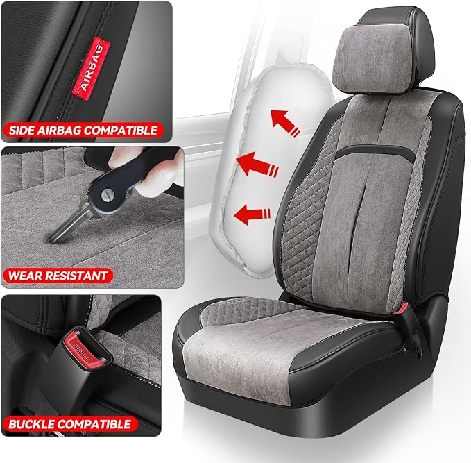 Auto Dynasty Car Seat Covers Full Set, Automotive Seat Covers for Cars Breathable Waterproof, Universal Anti-Slip Car Interior Protectors Compatible Airbag Fit Most Cars, Gray, Voris Series