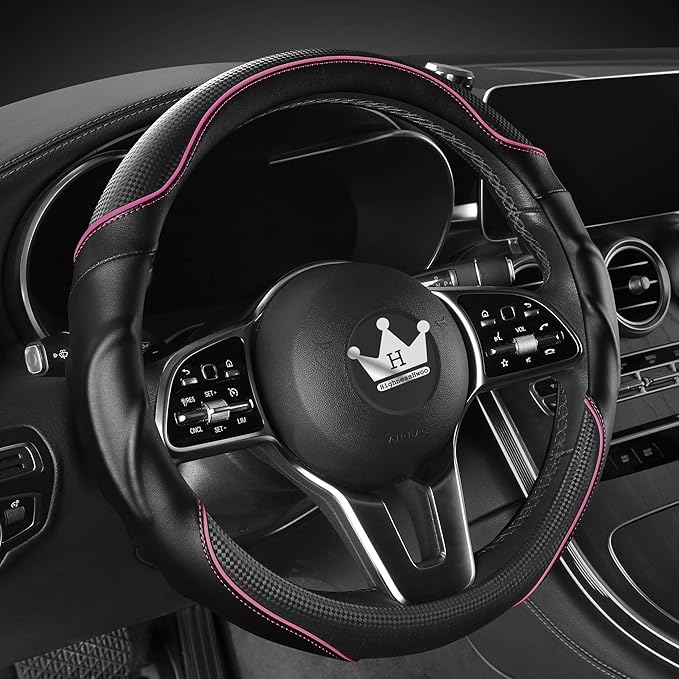 HighnessHwoo 3D Car Steering Wheel Cover Comfort Grip Massage Sporty Anti-Slip Carbon Fiber Faux Leather for F150, Trucks, Jeep, Van, Car Handle Covers for All Seasons, 15.2-16in, Pink