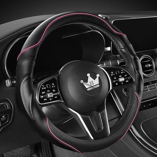 HighnessHwoo 3D Car Steering Wheel Cover Comfort Grip Massage Sporty Anti-Slip Carbon Fiber Faux Leather for F150, Trucks, Jeep, Van, Car Handle Covers for All Seasons, 15.2-16in, Pink