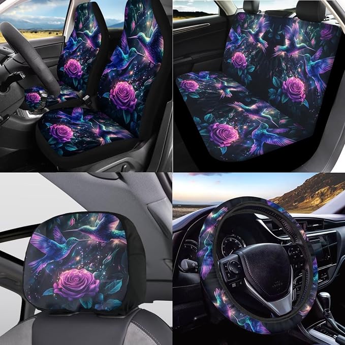 KEIAHUAN Purple Rose Hummingbird Car Seat Cover Full Set for Women with Steering Wheel Cover/Cup Coasters/Gear Shift & Handbrake Cover/Headrest Cushion Pads Fit Most Van Sedan Truck SUV