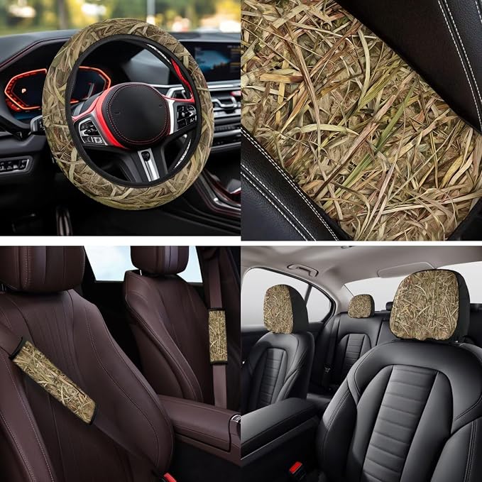 Bulopur Deer Hunting Camouflage Auto Seat Covers Full Set with Matching Steering Wheel Cover Center Console Cushion Auto Seat Belt Covers Coasters 14 PCS Car Interior Decor Set
