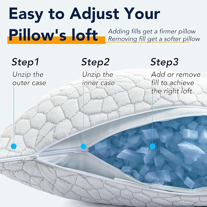 QUTOOL Cooling Pillow for Sleeping, CertiPUR-US Shredded Memory Foam Queen Pillow Set of 1, Cool Pillow for Hot Sleepers Adjustable Firm Pillow for Side, Back, Stomach Sleepers Soft Yet Support, White